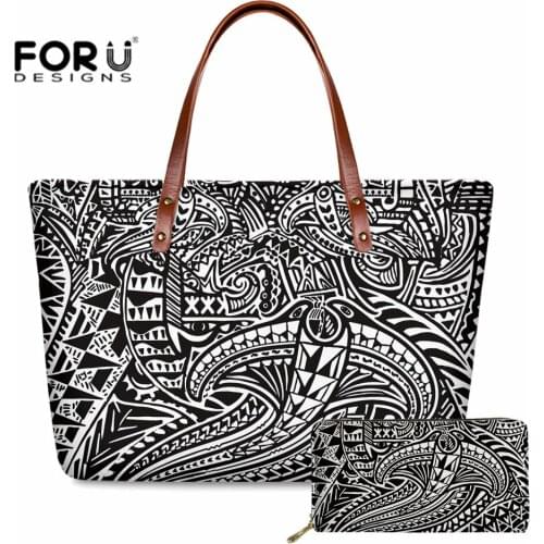 Funky Samoan Tribal Pattern Shoulder Bags Trend Casual Top-handle 2pcs/set Floral Totes Coin Wallet Phone Bag Ladies Beach Bag
