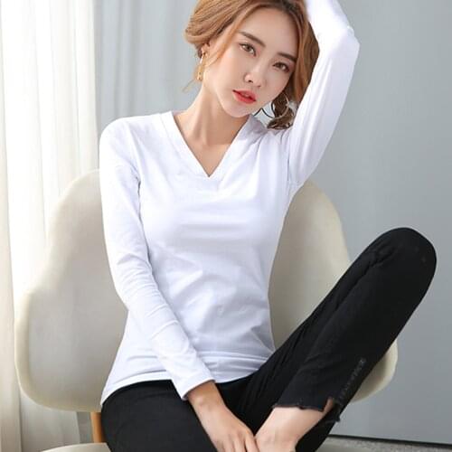 2020 New Slim T-shirts V Neck Tees Korean Style Tshirts Cotton Women Tshirt Black White T shirt Camiseta Mujer