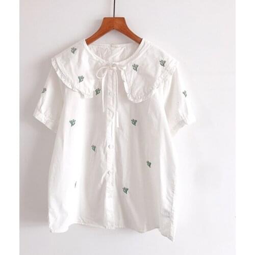 2020 New Summer Women Blouse Mori Girl Fresh Lace Peter Pan Collar Embroidery Cotton White Short Sleeve Shirt Women