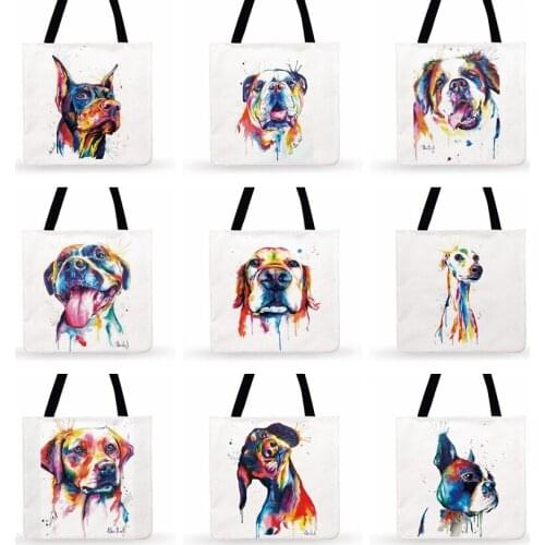 Watercolor Painting Pet Dog Print Tote Bag For Women Casual Tote Ladies Shoulder Bag Foldable Shopping Bags Outdoor Beach Tote
