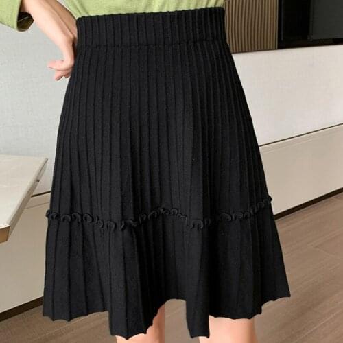 2020 Autumn Women Skirt Elegant Fashion Pleated Knitted Elastic High Waist Skirts Woman Casual Female A-Line Mini Skirt Winter