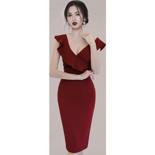 2021 New Fashion Summer Dress Women Ruffles Sexy Strapless Deep V-Neck Dresses Red Casual Dress Vestido