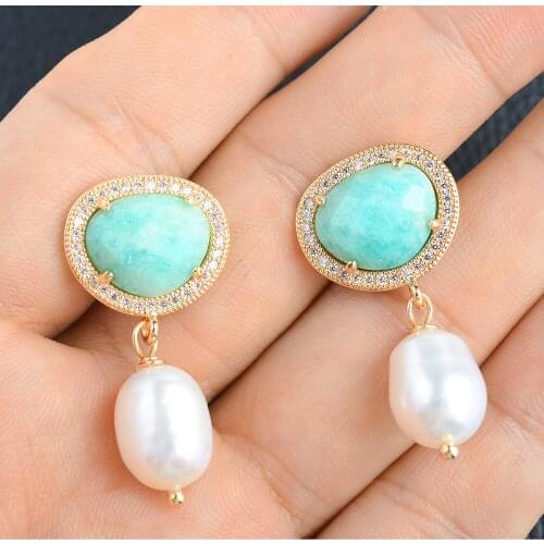 2 Pairs White Rice Pearl Green A1mazonite Cz Pave Earrings