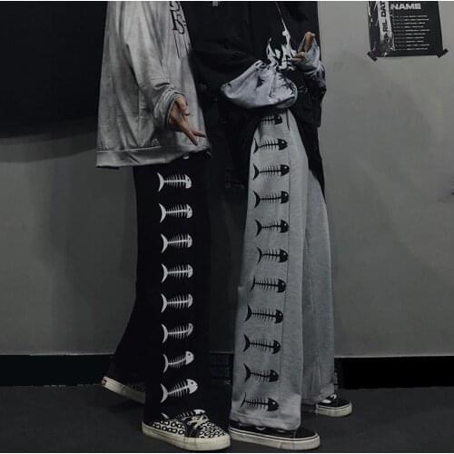 2021 Black Hip Hop Fish Trousers Autumn Mens Summer Loose Sweatpants Streetwear Male Casual Gray Korean Full Length Pants Male