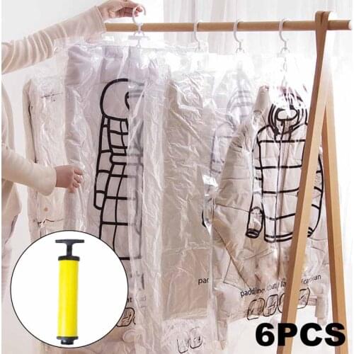 6pcs/set Closet Hanging Organizer Vacuum Bags for Clothes Storage Space Saving Large Capacity Clear Seal Wardrobe Compressed Bag