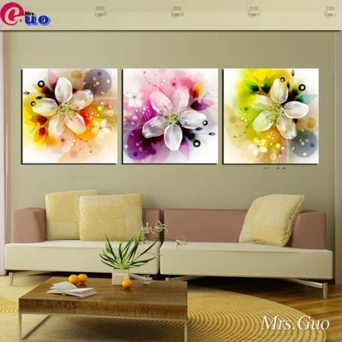 Diy Diamond Painting Wall Art Abstract Pink Flower DecorationTriptych Full Square Round 5D Embroidery Cross Stitch Mosaic