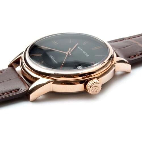 Genuine Seagull Sea-Gull Engraved Border Leather Strap Watches Roman Numerals Self Wind Automatic Men Mechanical Watch D519.405