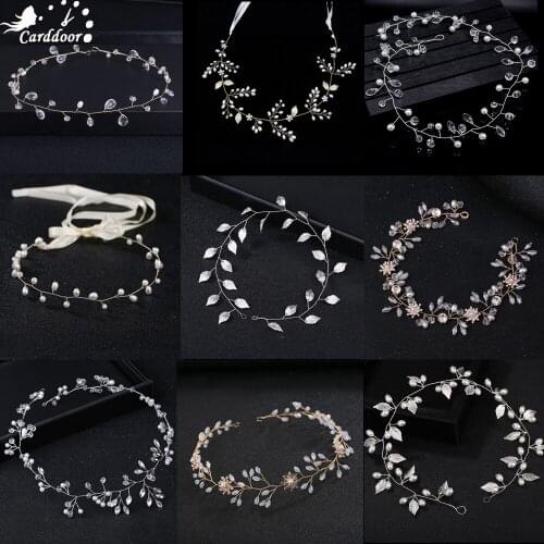 Carddoor Handmade Headbands Crystal Pearl Leaf Tiara Fashion Wedding Hair Jewelry Gold Bridal Hair Accessories For Women