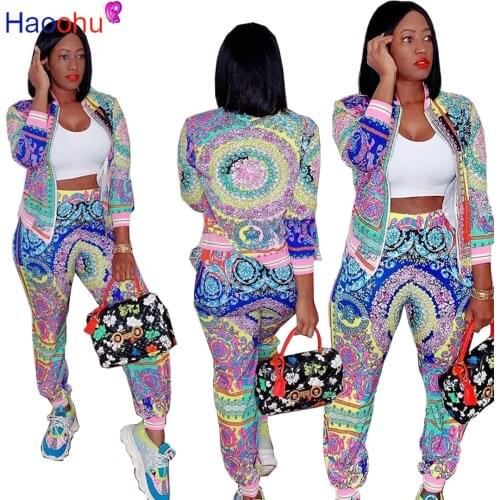 HAOOHU Designer 2021 Spring Fashion Sets Womens Long Sleeve African print Jacket Coat +Pants Casual Two Piece Suit