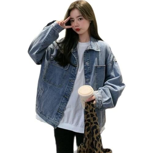 Jeans Jacket Womens Spring All-match Pocket Denim Top 2021 Vintage Long-Sleeved Female Denim Overcoat Fashion Solid Color Coat