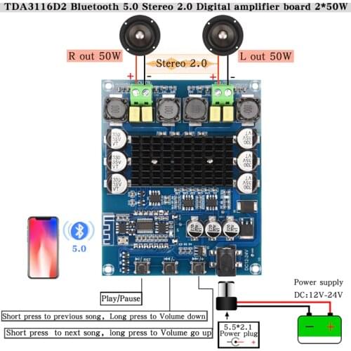 HIFIDIY LIVE TPA3116D2 Bluetooth 5.0 Dual-channel Stereo High Power Digital Audio Power Amplifier Board 2*50W to speaker XH-A304