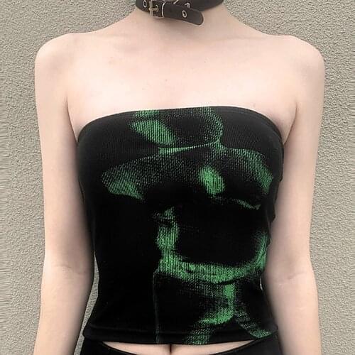 Punk Style Black Crop Tube Tops Gothic Print Cyber Grunge Bodycon Women Strapless Backless Summer Sexy Basic Cami Top Harajuku