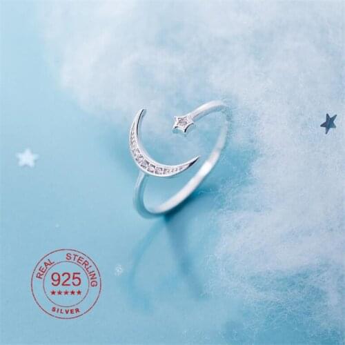 Minimalist Zircon Moon Star Opening Ring For Charm Women Party Fine Jewelry Fashion 925 Sterling Silver Adjustable Ring Gift