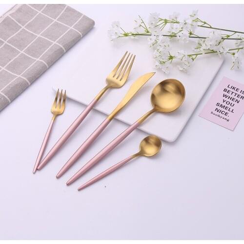 Cutlery Set Stainless Steel Pink Gold Dinnerware Knife Fork Spoon Western Tableware Golden Kitchen Matte Flatware Dropshopping