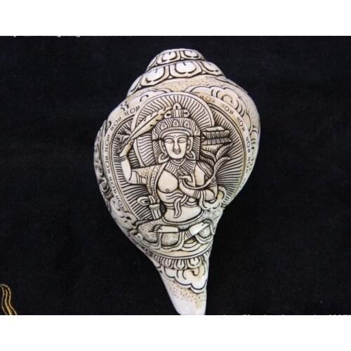 Nepal Shell Carved Manjushri sword tara Guanyin Statue conch Horn Trumpet Bugle