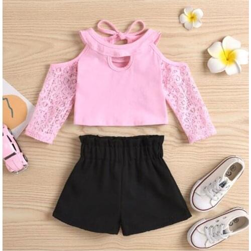 Pudcoco 0-18M 2Pcs Summer Baby Girl Infant Kid Toddler Fashion Long Sleeve Off-the-Shoulder Pink T-Shirt Tops+Shorts Outfit Set