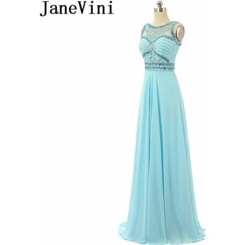 JaneVini Luxurious Crystal Beaded Long Bridesmaid Dresses A Line Sheer Neck Backless Chiffon Floor Length Wedding Party Gowns