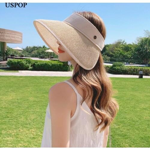 USPOP New Women Summer Straw Sun hat Without Crown Letter Wide Brim Beach Hat Anti-UV Sunshade