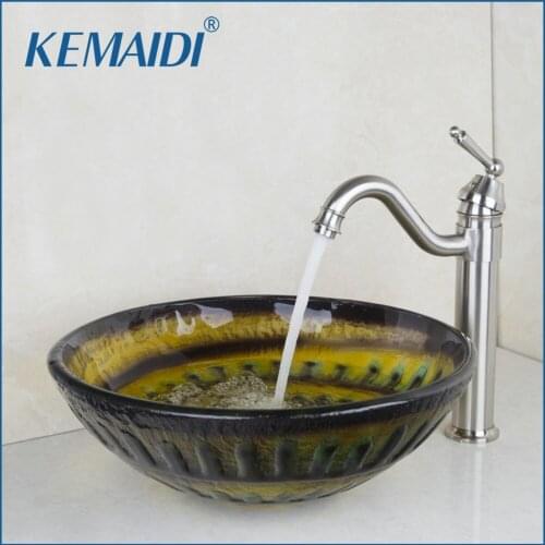 KEMAIDI Ross Bathroom Sink Washbasin Glass Hand-Painted+ Brushed Nickel Kitchen Tap Sink Combine Set Tap Mixer Faucet