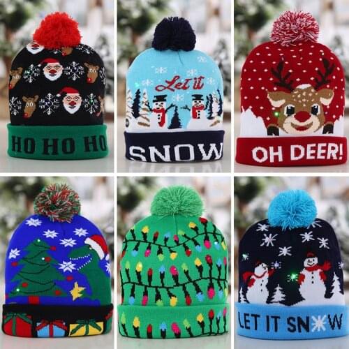 Led Christmas Hat with Flanging Ball Knitted Hat Luminous Hat Beanie Adult Children Christmas Gifts New Year Supplies