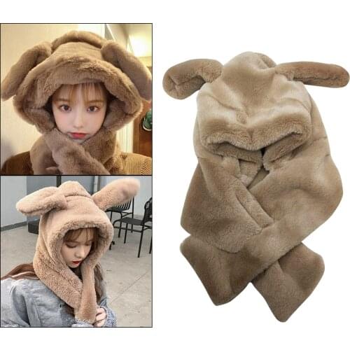 Boys Girls Thicken 2 in 1 Hat Scarf Set Cute Hat Winter Warm Plush Hoodie Gloves Earflap Hat Long Scarf Shawl Wraps