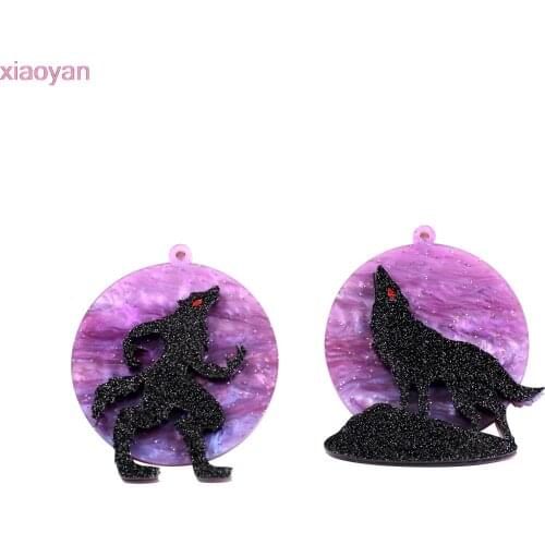 Wolf Moon For Jewerly Charm Or Earrings Galaxy Purple Glitter Acrylic Wolf Howling On the moon