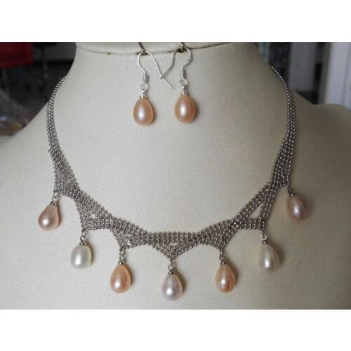 New Arriver Pearl Jewellery Cultured Pink Gray White Freshwater Pearl Necklace Earrings Jewellery Set
