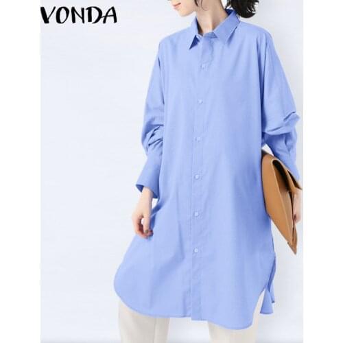 Women Elegant Party Shirts Sexy Lapel Collar Button Up Shirts 2021 VONDA Women Blouse Solid Color Long Sleeve Blouse Plus Size