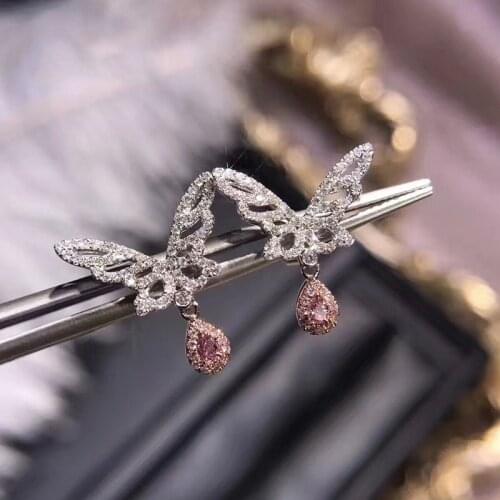 QTT Womens Earrings 925 Sterling Silver Butterfly Pink Yellow Diamond Crystal Ear Stud Temperament Engagement Animal Jewelry