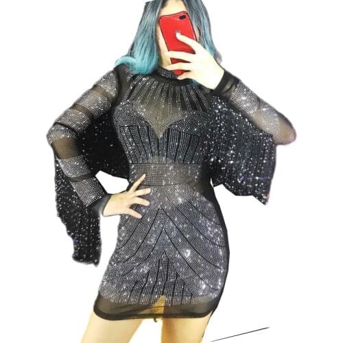 Women Sexy Stage Black Mesh See Through Dress Costume Female Performance Perspective Dress Singer Stage Show Wear