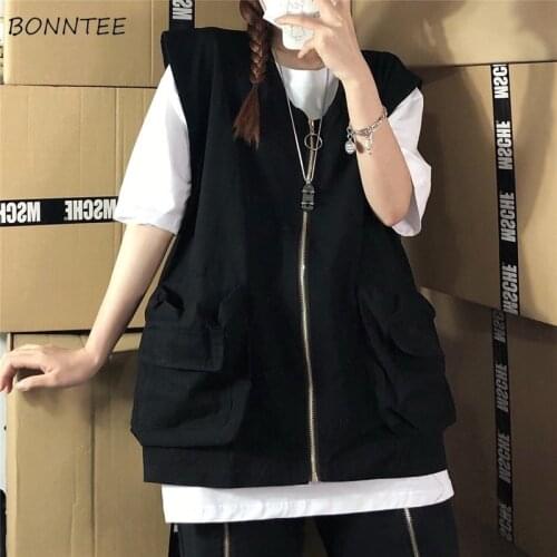 Vests Women Pure Zipper Plus Size Leisure Summer Fashion Female College Harajuku Pockets Korean Style All-match Streetwear Loose
