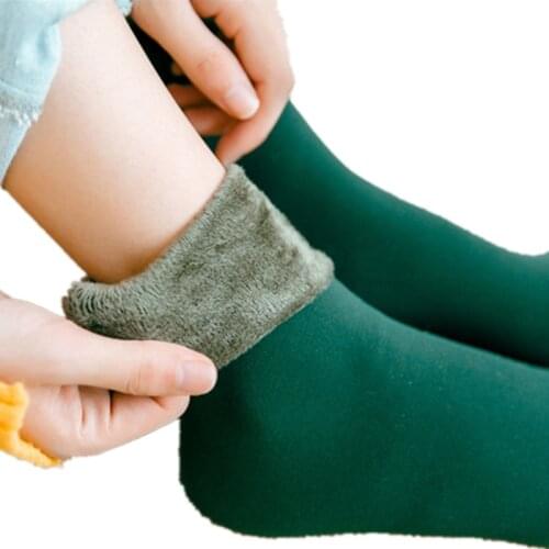 1Pair Women Fleece Socks Winter Sock For Lady Casual Soft Warm Footwear Elastic Fleece Lining Slipper Socks Velvet Solid Color