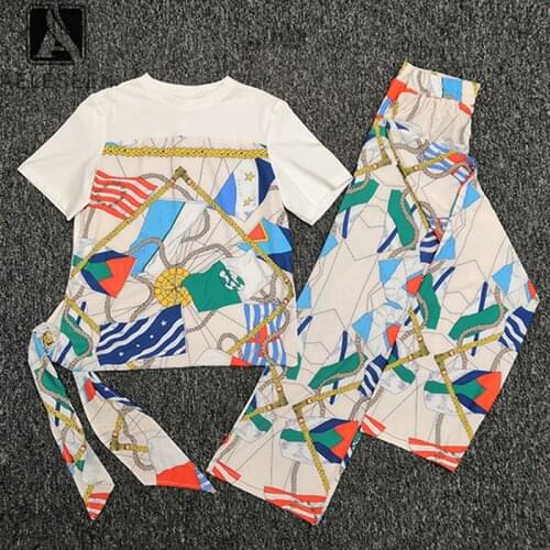 AELESEEN 2 Pieces Casual Set Women 2020 Spring Summer White Irregular T-Shirt +Loose Pants Chain Geometric Print Fashion Sets