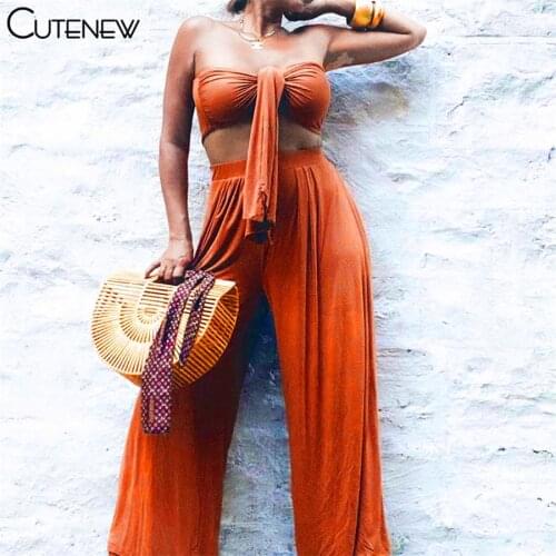 Cutenew Summer Streetwear Two Piece Suit Women Sexy Strapless Breast Wrap Top And Maxi Loose Pants Outfit Solid Casual Lady Sets