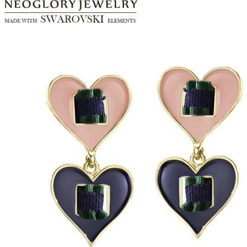 Neoglory Enamel & Fabric Long Dangle Earrings Colorful Love Heart Design Cute Girl Daily Party Gift Youth Trendy Classic Style