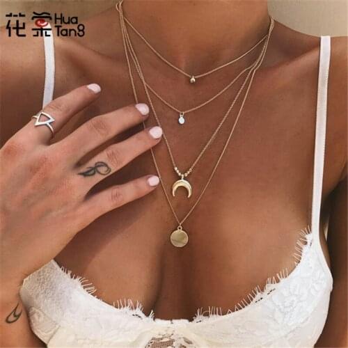 HuaTang Gold Chian Boho Moon Necklaces for Women Small Wafer Charm Choker Pendant Layered Necklace Fashion Jewelry Collana 6175
