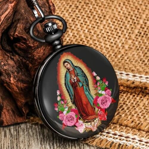 Catholic Church Virgin Mary Quartz Pocket Chain Watches Mens High Quality Dial FOB Clock Necklace Religious Collectible Gifts