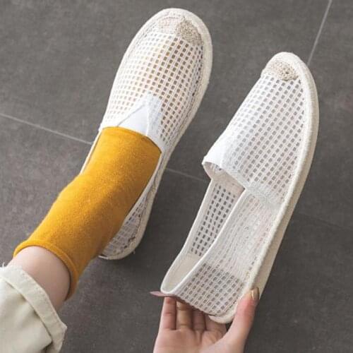 Summer Mesh Women Flat Shoes Slip On Loafers Linen Breathable Stripe Ballerina Shoes Casual White Espadrilles Zapatillas Mujer