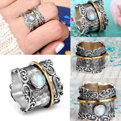 Milangirl Hot Sale Womens Ring Domineering Two-tone Engraved Pattern Moonstone Female Ring for Party Jewelry Size 5-11