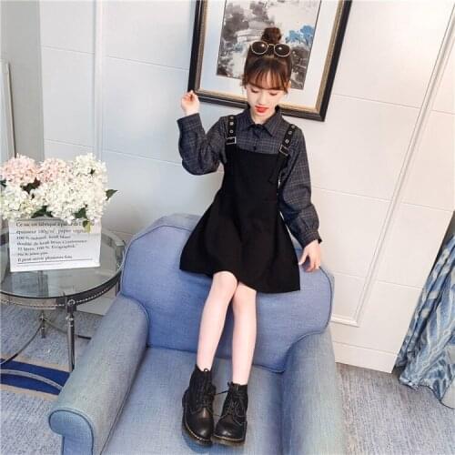 2021 Fashionable Teen Girls Clothes Two-Piece Sets Short Plaid Shirt And Suspender Dress Adjustable Fashion 4-14Years Kids Suits