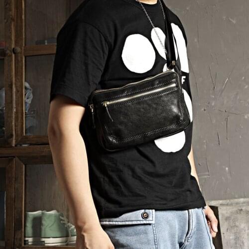 Retro fashion high quality natural genunie leather mens black diagonal small square bag daily sports riding light chest bag