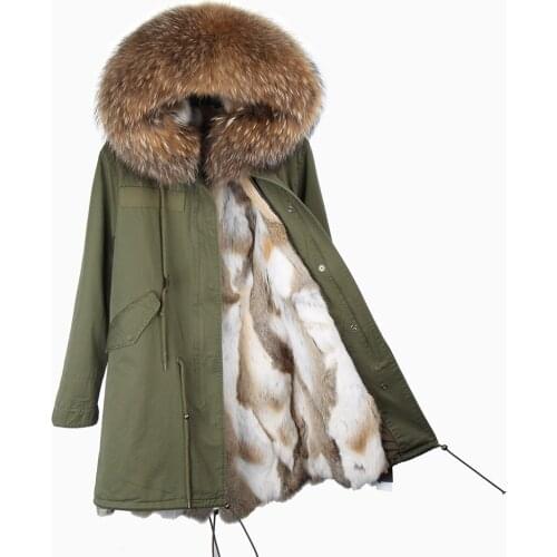 Fashion Ladies Parka Rabbit Fur Lining Hooded Long Coat Army Green Large Raccoon Fur Collar Winter Warm Jacket