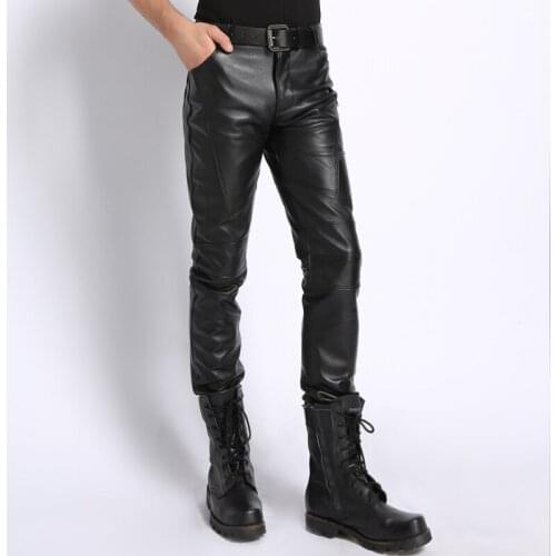 Mens Genuine Leather Pants Natural Real Leather Sheepskin Motorcycle Biker Male Trousers Fashion Black Brand Pants Plus Size