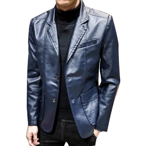 Autumn Winter Men Solid Color Faux Leather Suit Jacket Long Sleeve Lapel Blazer Wholesale