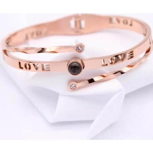 NEW Titanium steel Rose Fine Gold CZ 100 languages I love you Projection Star Fashion Charm Women Bracelet beautiful CT Solid