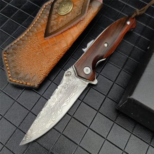 High Hardness Handmade Forged VG10 Damascus Steel Outdoor Hunting Knife Rosewood Handle Fixed Blade Knives Leather Sheath