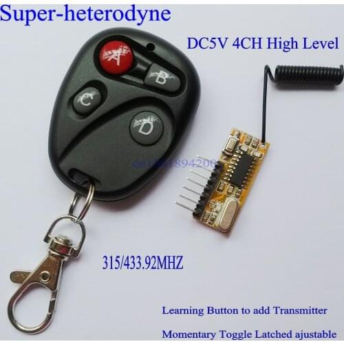 RF Wireless Receiver Module DC5V 4CH Mini Super-heterodyne Receiver Module+Transmitter Learning Code Momentary Toggle Latched
