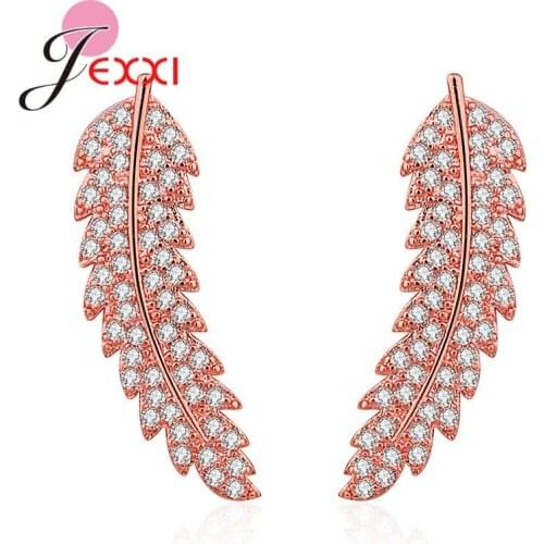 Luxury 925 Sterling Silver Piercing Leaf Shape Stud Earrings For Women Gold Color Full Rhinestone Ear Jewelry Birthday Gift