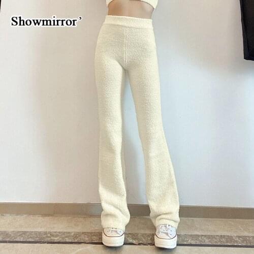 Showmirror Korean Fashion Solid Plush Knit Long Pants Women Harajuku Style High Waist Wide Leg Pant 2021 New Streetwear