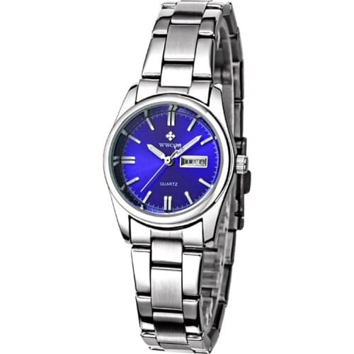 WWOOR 8804 Simple Design Classic Women Silver Steel Quartz Fashion Waterproof Ladies Watches Blue Dial Casual Dress Wristwatch